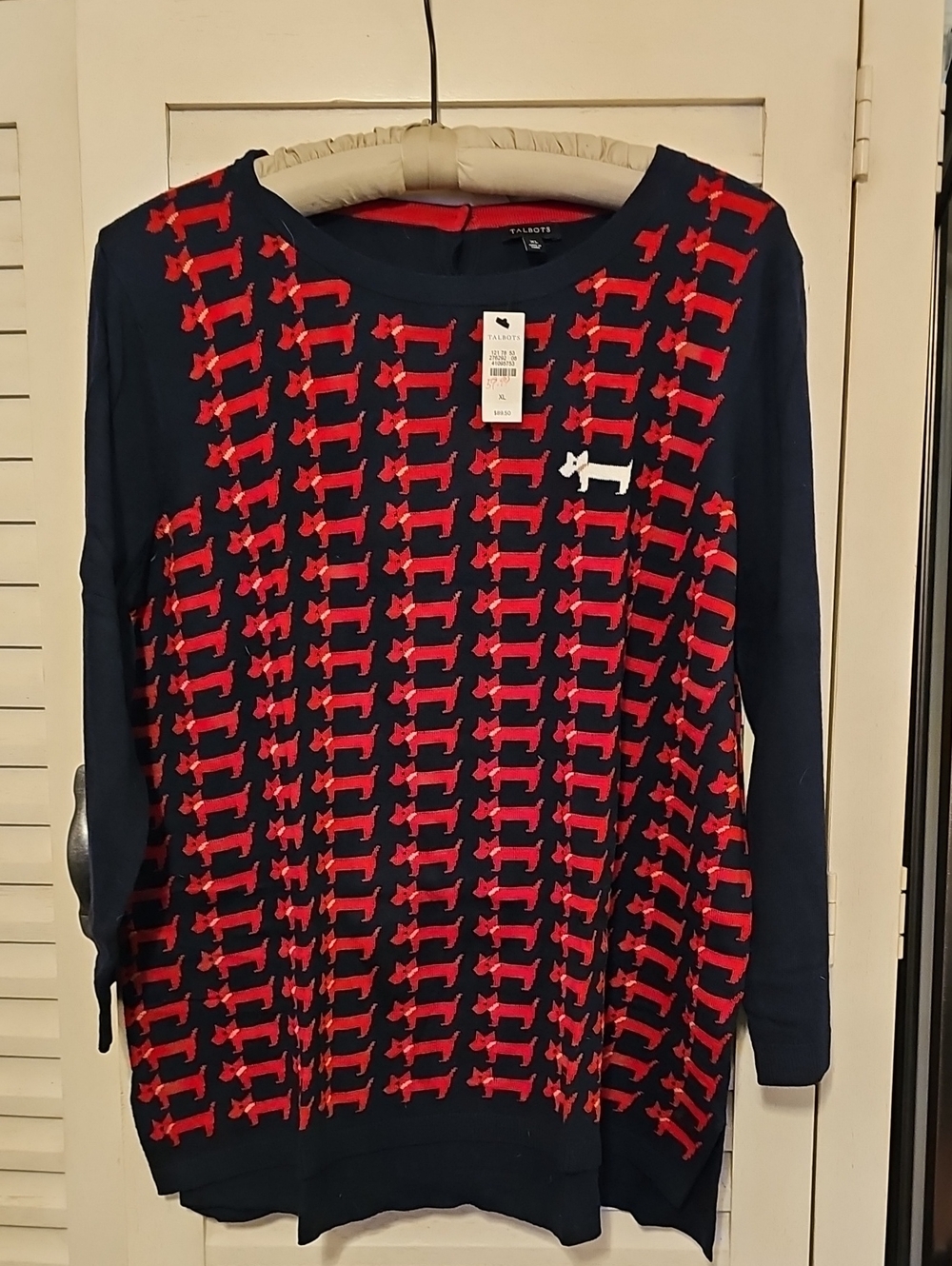 Talbots Navy Crewneck Sweater with Red Scottie Pattern